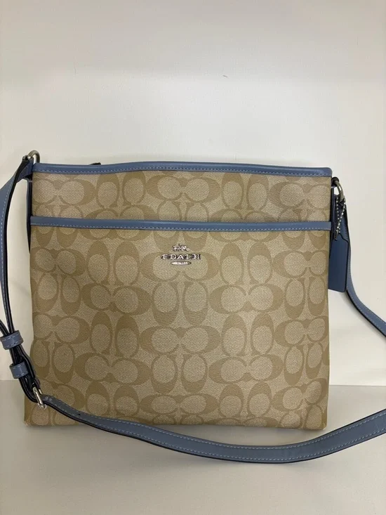 COACH Khaki Signature Crossbody and Wallet with Light Blue Trim - Picture 2 of 15